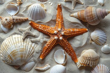 A beautiful sandy beach with shells and palm trees. Perfect for tropical vacation destinations or beach-themed designs.. Beautiful simple AI generated image in 4K, unique.