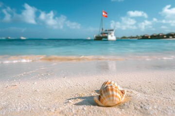 color flip-flops on white beach sand over blue transparent ocean wave background. Beautiful simple AI generated image in 4K, unique.