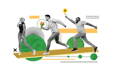 Collage photo of two lovers one girlfriend international woman day spring time gift tulips bouquet another sunflower isolated on drawing background