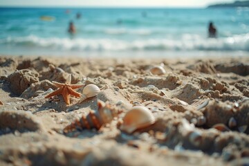 couple sandals and shells on sand - beach holiday in two - Summer
. Beautiful simple AI generated image in 4K, unique.