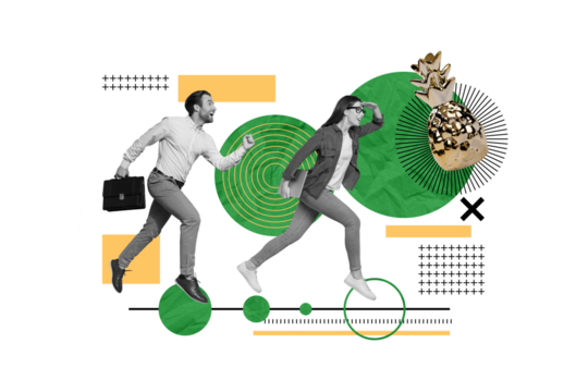 Creative banner collage ad career progress international company business managers running goal golden pineapple isolated on drawing background