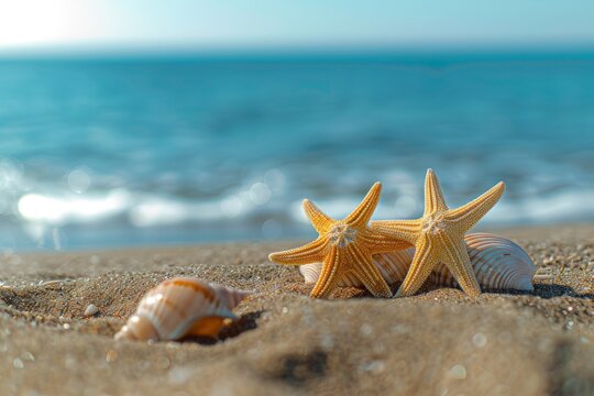 The Summer Tropical beach with starfish and flip flop-sunglasses as  sand beach scene and blue sky  background. Beautiful simple AI generated image in 4K, unique.