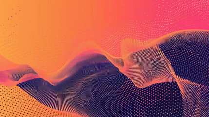 Develop a visually appealing design featuring flowing particles in a dynamic wave, set against a halftone gradient backdrop. Perfect for conveying ideas related to modern technology.