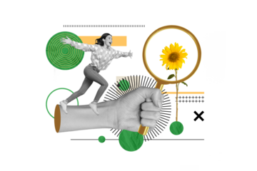 Collage picture of big black white colors arm hold magnifier loupe enlarge sunflower mini excited girl running