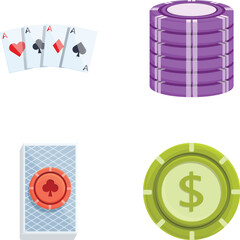 Gambling icons set cartoon vector. Casino poker cards and chips. Pastime, addiction