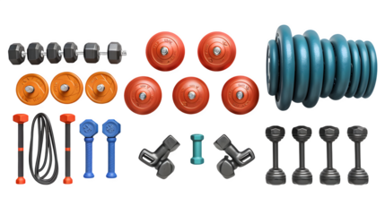Gym equipment placed in a flat layout isolated on a transparent background, PNG, Ai