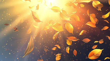 Flying leaves effect with mild sunbeam in 3d illustration vector