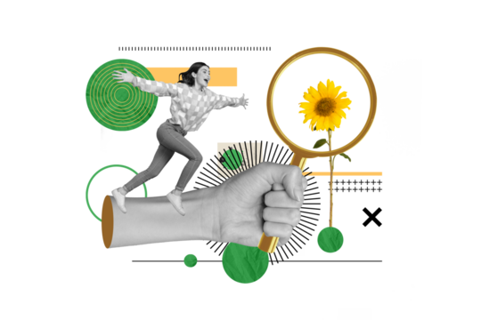 Collage picture of big black white colors arm hold magnifier loupe enlarge sunflower mini excited girl running