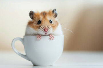 Cute hamster sitting inside a teacup, looking directly at the camera with a curious expression.