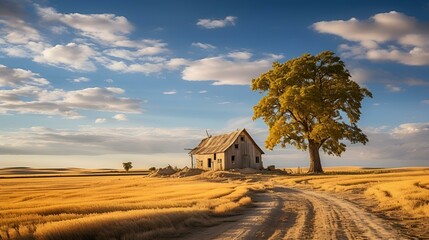 An old abandoned house stands alone in a vast field