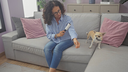 A middle-aged woman uses a lint roller on her arm on a couch, beside her is a curious chihuahua in...