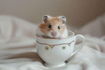 Cute hamster inside a teacup with flowers, showcasing an adorable moment of small animals.