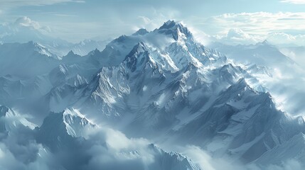 A breathtaking digital landscape depicts a snowy mountain range with exquisite detail and a sense of grandeur - Powered by Adobe