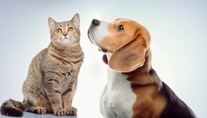 curious beagle dog and cat scottish straight looking up side view isolated on white background