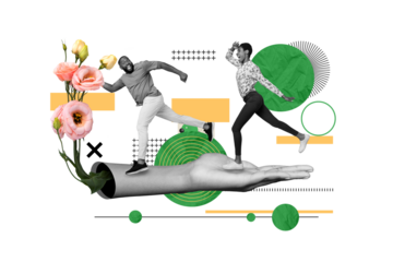 Artwork magazine collage picture of funny excited lady guy running arm buying flowers bouquet isolated drawing background