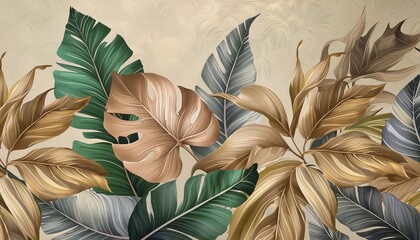 vintage tropical green brown leaves beige background golden texture luxury mural premium wallpaper 3d painting illustration watercolor design seamless border stylish cloth paper packaging