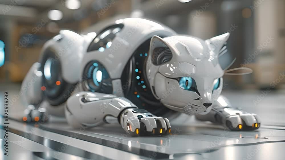 Poster this white robot cat with blue eyes resting on the floor. white robot cat with blue eyes laying on g