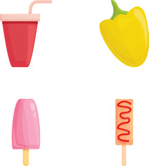 Food icons set cartoon vector. Ice cream, coffee and sweet pepper. Nutrition concept