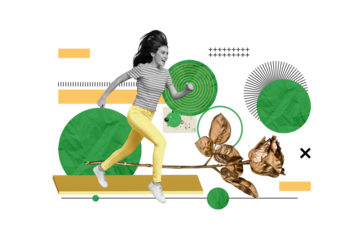 Collage artwork graphics picture of excited smiling lady running gold rose isolated painting background