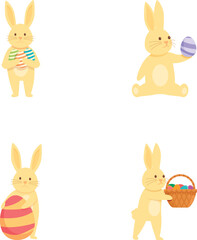 Happy easter icons set cartoon vector. Cute rabbit and easter egg. Spring religious holiday