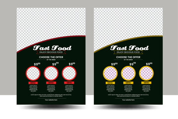 Fast Food Flyer Design Template cooking, cafe and restaurant menu, food ordering, junk food. Pizza, Burger, French fries and Soda. Vector illustration for banner, poster, flyer, cover, menu, brochure.