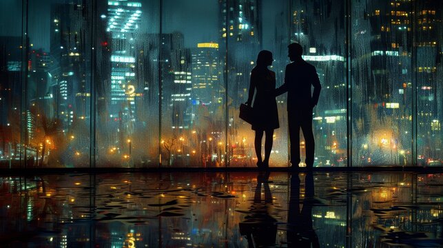 Triple exposure, two business people, a man and a woman, handing over documents, city skyline, stock dynamic change curve chart, the overall tone is dark blue combined with light blue, with clear prio