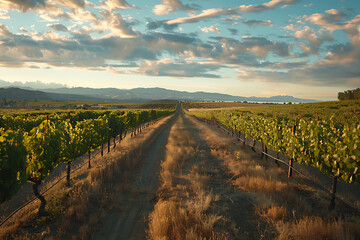 Naklejka premium Expansive vineyards filled with ripe grapes, showcasing the beauty and abundance of large plantations.