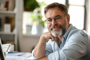 Naklejka premium Smiling man with glasses and beard, happy and relaxed in a cozy environment with natural light.