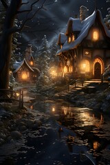 3D illustration of a beautiful winter landscape with a house and a river
