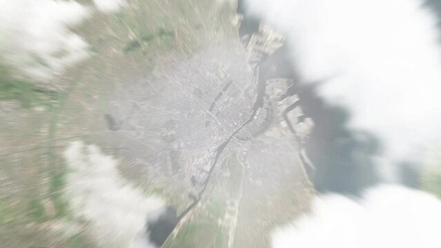 Earth zoom in from space to Copenhagen, Denmark. Followed by zoom out through clouds and atmosphere into space. Satellite view. Travel intro. Images from NASA