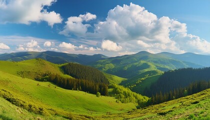Fototapeta na wymiar carpathian countryside scenery in spring rural landscape of ukraine with grassy fields and forested hills beneath a blue sky with fluffy clouds in morning light