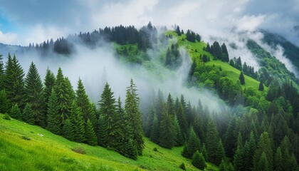 a lush green forest filled with lots of trees and a lush green hillside covered in fog and low lying clouds above a forest filled with lots of tall pine trees - Powered by Adobe