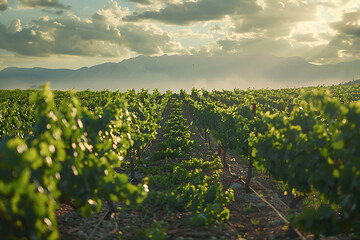 Naklejka premium Expansive vineyards filled with ripe grapes, showcasing the beauty and abundance of large plantations.