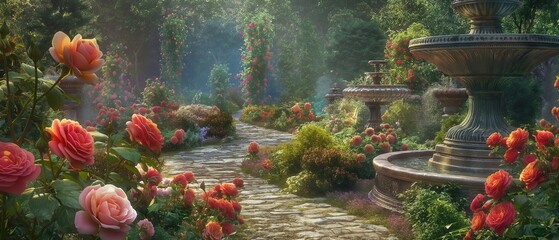 A tranquil garden filled with blooming roses of every color imaginable, with a quaint stone path winding its way through lush greenery and ornate fountains. 32k, full ultra HD, high resolution