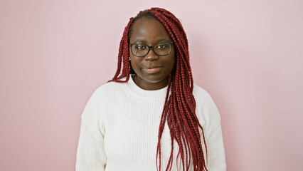 Portrait of a confident african american woman with braids wearing glasses against a pink...