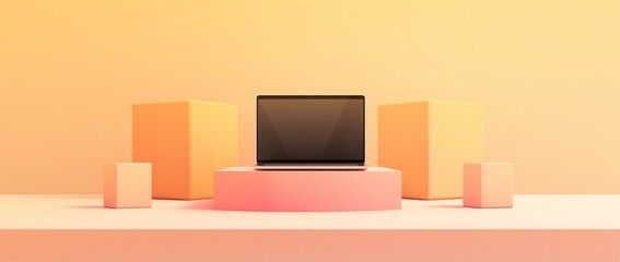 A laptop is placed on a pink pedestal in front of three orange cubes generated by AI