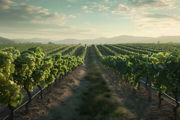 Naklejka premium Expansive vineyards filled with ripe grapes, showcasing the beauty and abundance of large plantations.