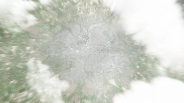 Earth zoom in from space to Odense, Denmark. Followed by zoom out through clouds and atmosphere into space. Satellite view. Travel intro. Images from NASA
