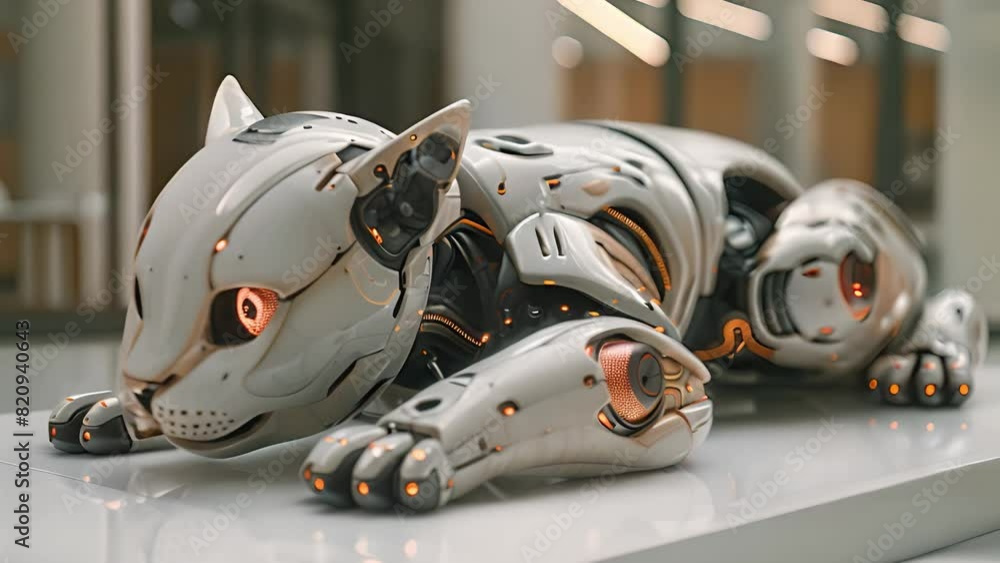 Fototapete this robot cat laying down on a blank white surface. robot cat resting on white surface