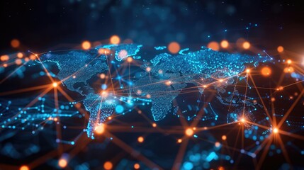 Fototapeta premium Hightech global trade visualization on world map, dynamic lines representing international logistics, vibrant and sleek design