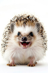 A hedgehog with a wide smile, looking like it's chuckling, isolated on a white background