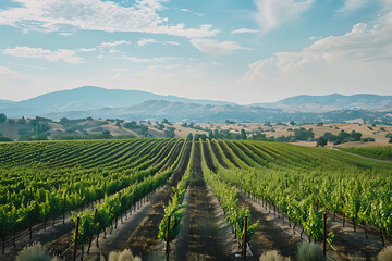 Fototapeta premium Expansive vineyards filled with ripe grapes, showcasing the beauty and abundance of large plantations.