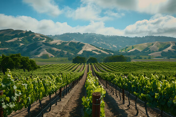 Fototapeta premium Expansive vineyards filled with ripe grapes, showcasing the beauty and abundance of large plantations.