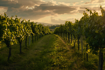 Naklejka premium Expansive vineyards filled with ripe grapes, showcasing the beauty and abundance of large plantations.