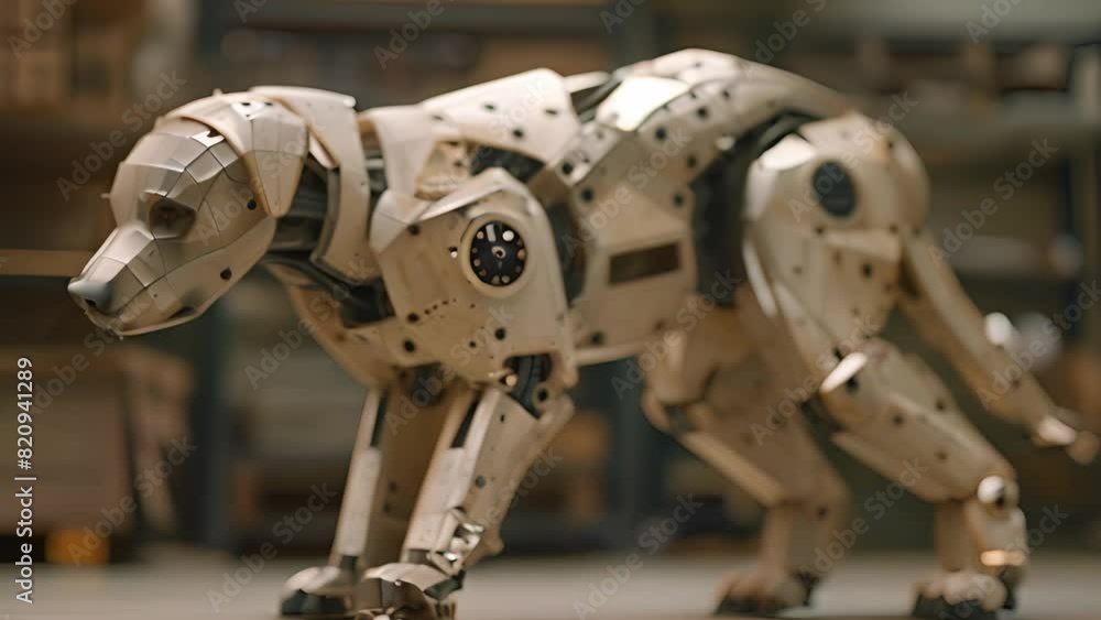 Poster this robot dog standing still in a warehouse setting. robot dog standing in warehouse