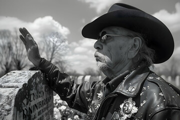 A veteran saluting a tombstone at a Memorial Day service, to highlight the respect and emotion of the moment