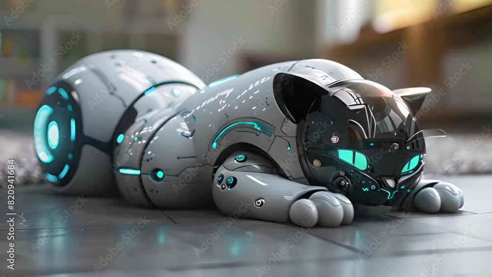 Poster This robot cat is lying down on the ground. Robot Cat Laying on the Floor