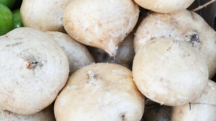 Fresh white carrots stack on top of each other.