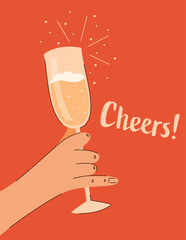 The word Cheers written near a hand holding a champagne. Congratulatory poster or card. Vector illustration in cartoon flat style.