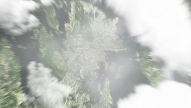 Earth zoom in from space to Kuopio, Finland. Followed by zoom out through clouds and atmosphere into space. Satellite view. Travel intro. Images from NASA